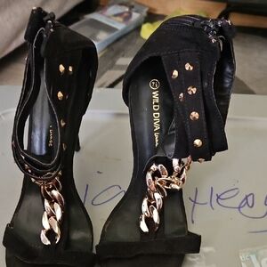 Wild Diva Black Heels with Gold Chain Accents